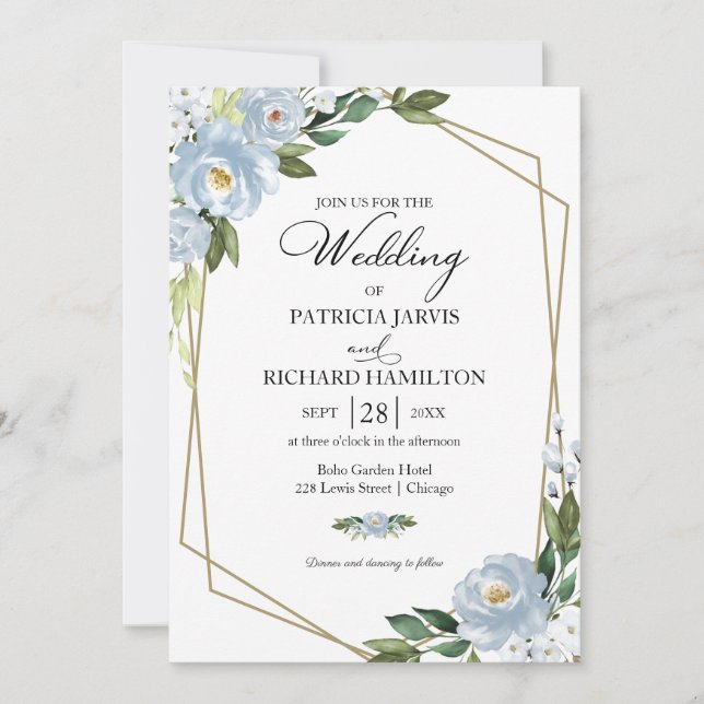 Dusty Blue Floral Geometric Wedding Invitation (Front)