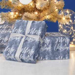 Dusty Blue Floral Glitter Merry Christmas Script Wrapping Paper