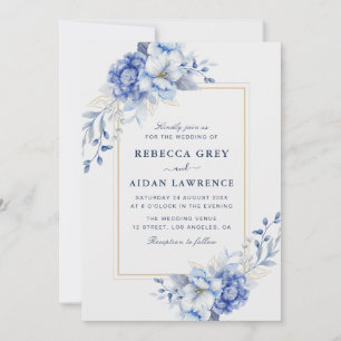 Dusty Blue Floral Gold Border Watercolor Art Invitation