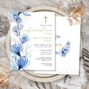 Dusty Blue Floral Gold Confirmation Invitation Postcard