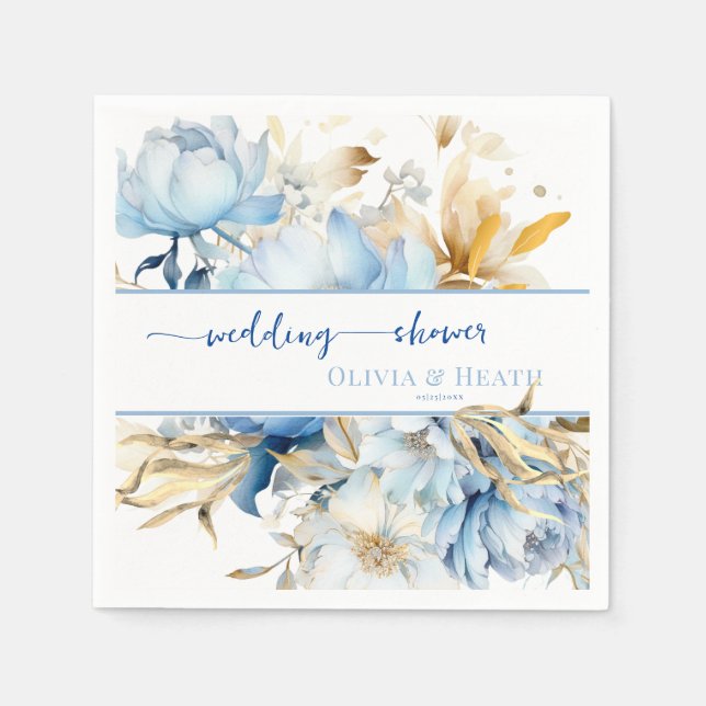 Dusty Blue Floral Gold Couples Shower Napkin (Front)