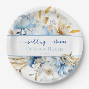 Dusty Blue Floral Gold Couples Shower Paper Plate