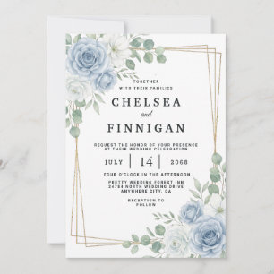 Dusty Blue Floral Gold Frame Wedding Invitation