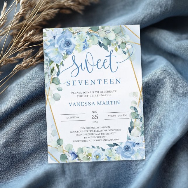 Dusty Blue Floral Gold Geometric Sweet seventeen Invitation (Dusty Blue Floral Gold Geometric Sweet seventeen Invitation)