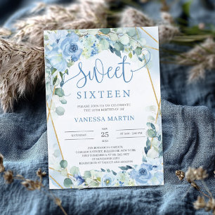 Dusty Blue Floral Gold Geometric Sweet Sixteen Invitation