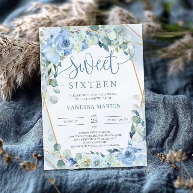 Dusty Blue Floral Gold Geometric Sweet Sixteen Invitation (Dusty Blue Floral Gold Geometric Sweet Sixteen Invitation)