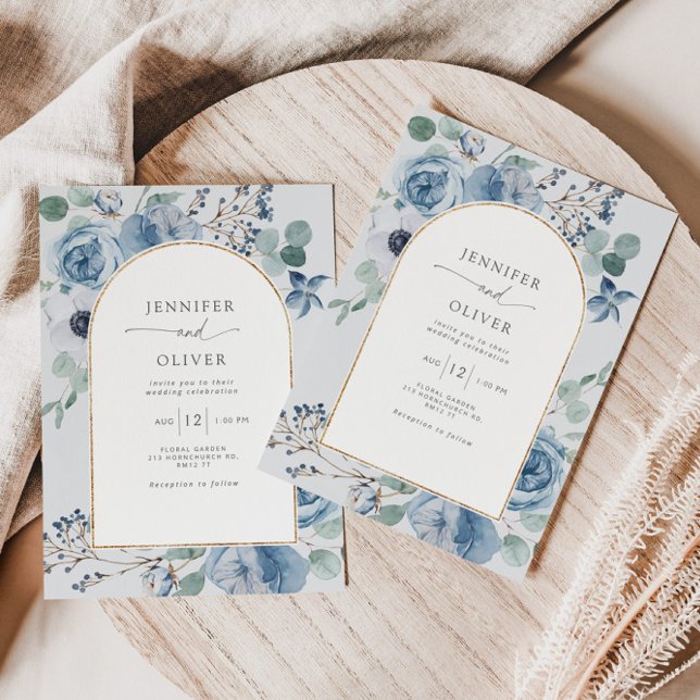 Dusty blue floral gold geometric wedding invitation (Creator Uploaded)