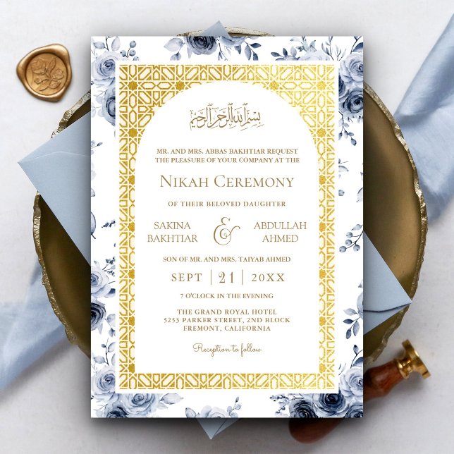 Dusty Blue Floral Gold Pattern Muslim Wedding Invitation (Creator Uploaded)