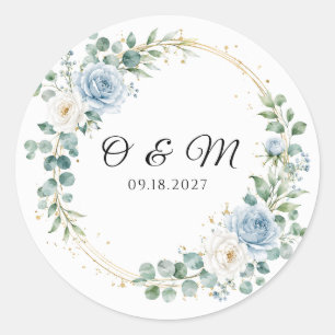 Dusty Blue Floral Gold Round Wedding Sticker