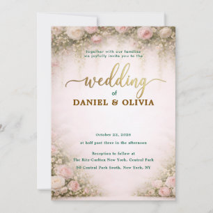 Dusty Blue Floral Gold Script Photo Overlay Invitation