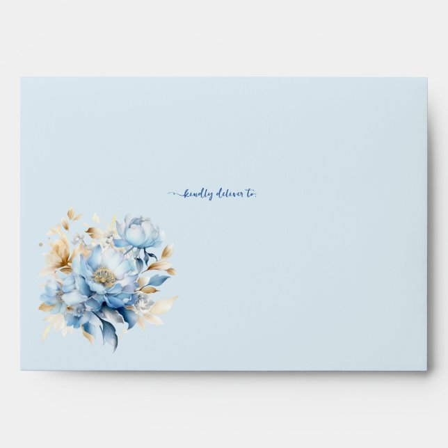 Dusty Blue Floral Gold  Watercolor Floral Envelope (Front)