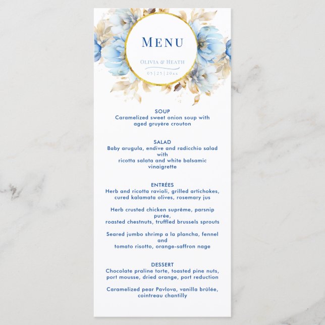 Dusty Blue Floral Gold Wedding  Menu (Front)