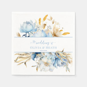 Dusty Blue Floral Gold Wedding Napkin