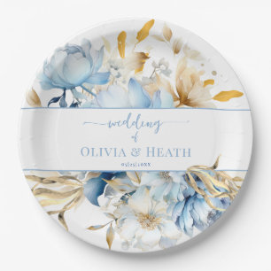 Dusty Blue Floral Gold Wedding Paper Plate