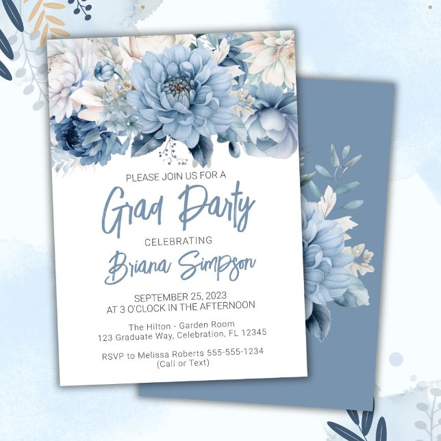 Dusty Blue Floral Graduation Grad Party Invitation (Creator Uploaded)
