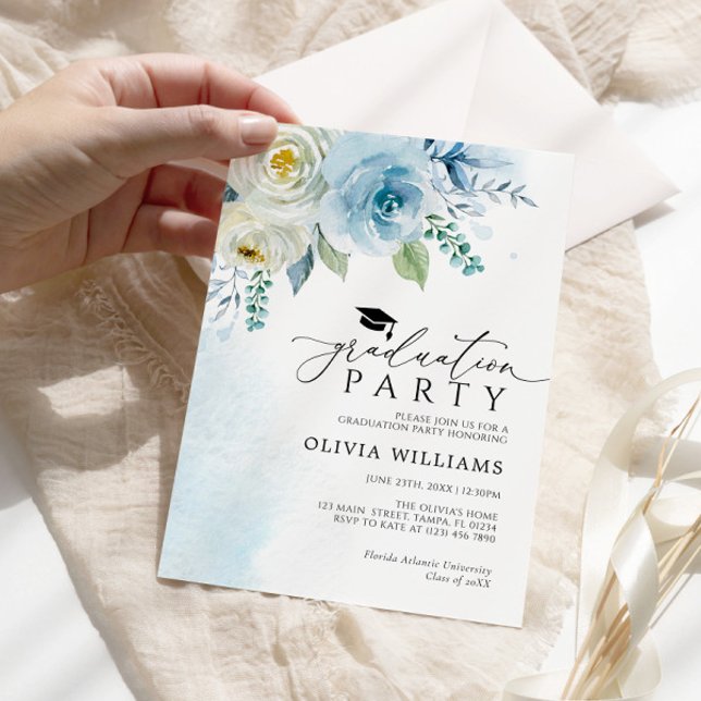 Dusty Blue Floral Graduation Party Invitation (Creator Uploaded)
