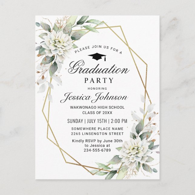 Dusty Blue Floral Graduation Party Invitation Postcard (Front)