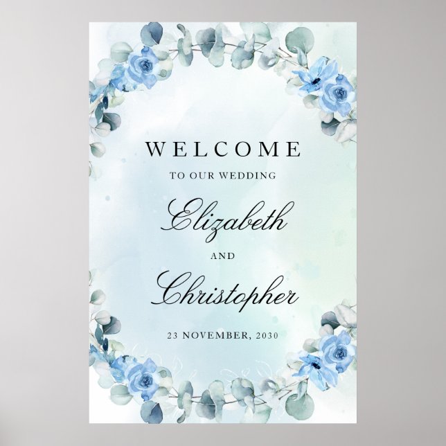 Dusty Blue Floral Green Eucalyptus Weclome Sign (Front)