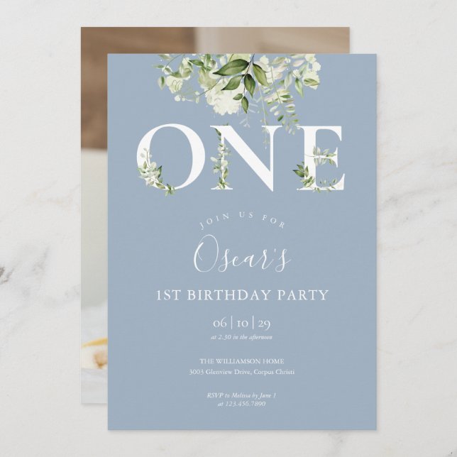 Dusty Blue Floral Greenery 1st Birthday Photo Invitation (Front/Back)