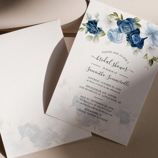 Dusty Blue Floral Greenery Blush Bridal Shower Invitation (Dusty Blue Floral Bridal Shower Invitation Front and Back view)