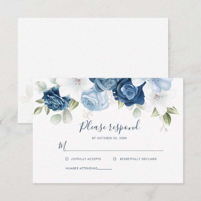 Dusty Blue Floral Greenery Botanical RSVP Card (Front/Back)