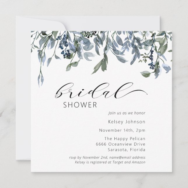 Dusty Blue Floral Greenery Bridal Shower Invitation (Front)
