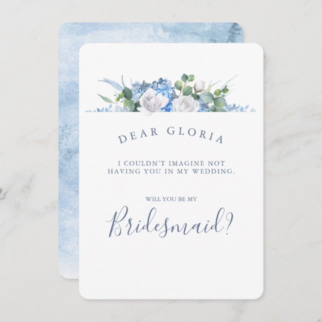 Dusty Blue Floral Greenery Bridesmaid Proposal Invitation (Front/Back)