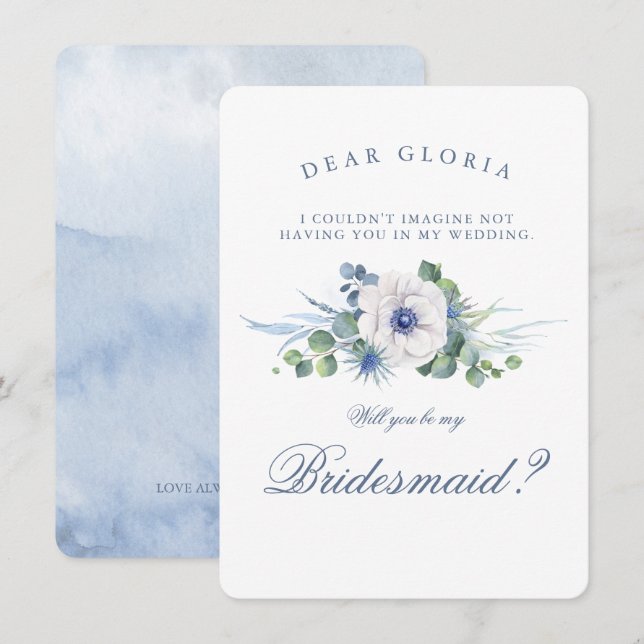 Dusty Blue Floral Greenery Bridesmaid Proposal Invitation (Front/Back)
