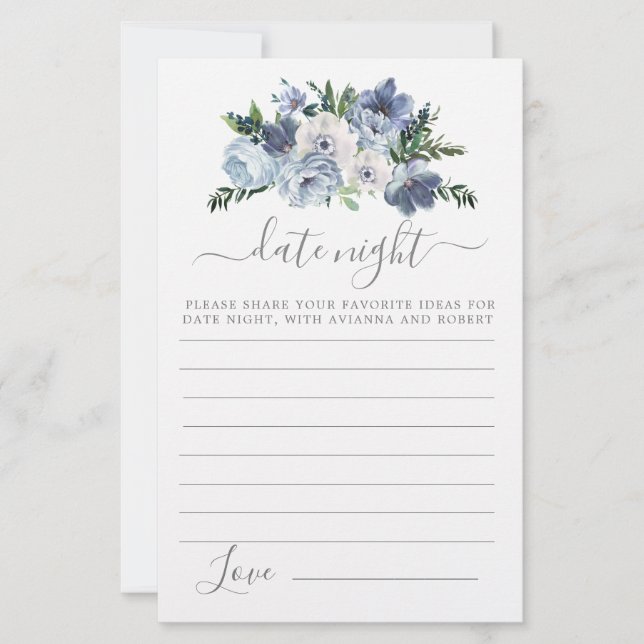 Dusty Blue Floral Greenery Date Night Card (Front)