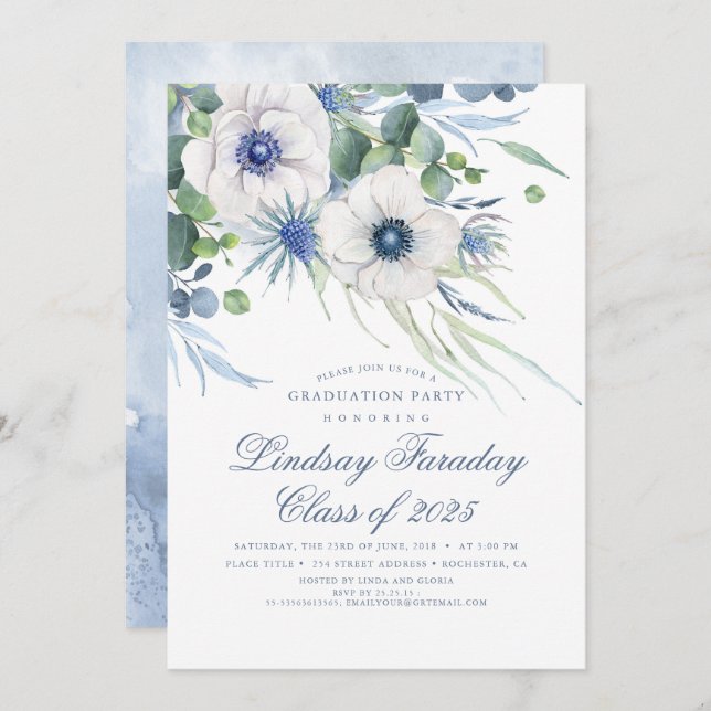 Dusty Blue Floral Greenery Elegant Graduation Invitation (Front/Back)