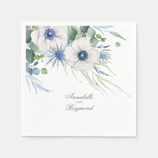 Dusty Blue Floral Greenery Elegant Watercolor Napkin (Front)