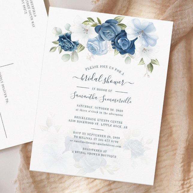 Dusty Blue Floral Greenery Foliage Bridal Shower Invitation Postcard (Floral Dusty Blue Watercolor Script Bridal Shower Invitation)
