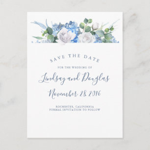 Dusty Blue Floral Greenery Hydrangea Save the Date Announcement Postcard
