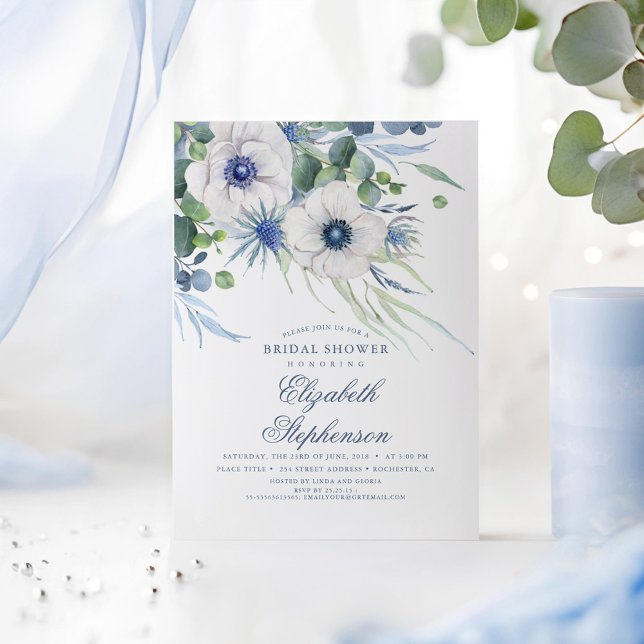 Dusty Blue Floral Greenery Modern Bridal Shower Invitation (Dusty Blue Romantic Bridal Shower Invitations)