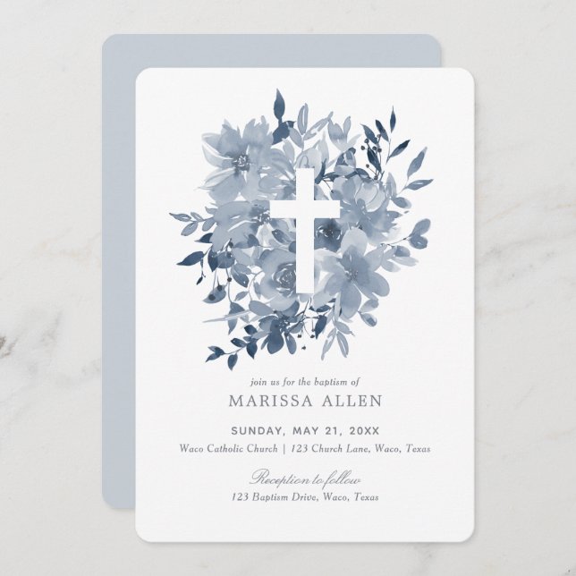 Dusty Blue Floral Greenery Neutral Baptism Invitation (Front/Back)