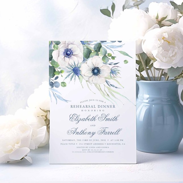 Dusty Blue Floral Greenery Rehearsal Dinner Invitation (Dusty Blue Flowers and Greenery Rehearsal Dinner Invitations)