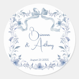 Dusty blue floral greenery ribbon elegant custom classic round sticker