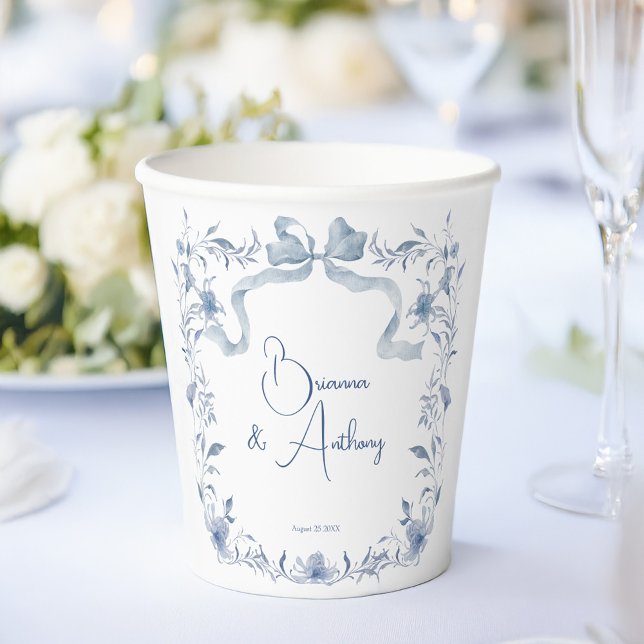 Dusty blue floral greenery ribbon elegant custom paper cups (Dusty blue floral greenery ribbon elegant monogrammed paper cups personalized table decor)
