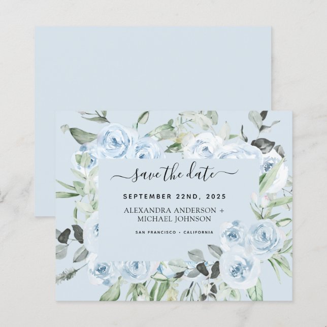 Dusty Blue Floral Greenery Save the Date (Front/Back)