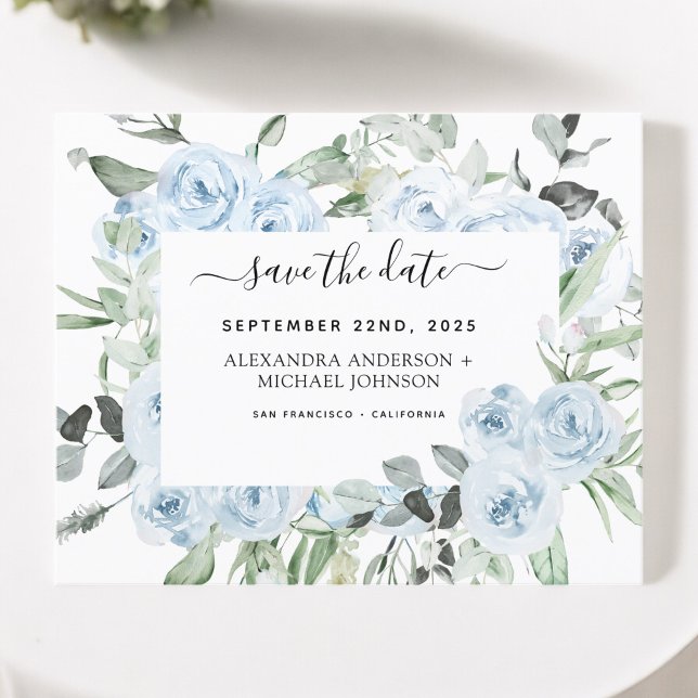 Dusty Blue Floral Greenery Save the Date  Invitati (Creator Uploaded)