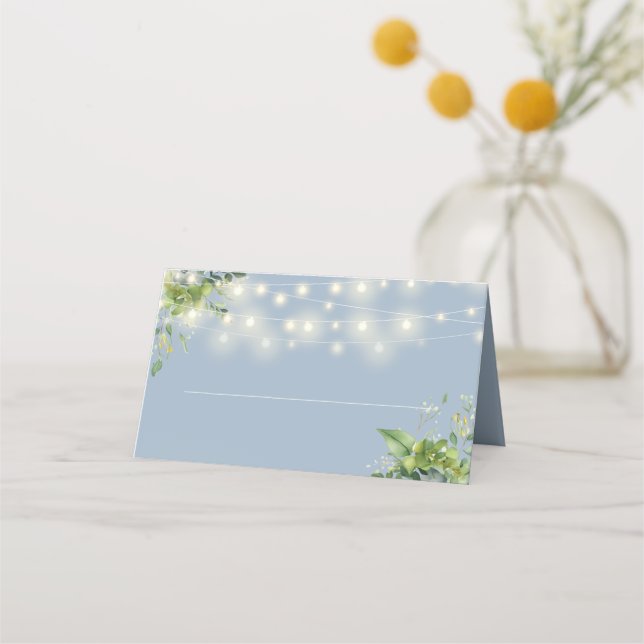 Dusty Blue Floral Greenery String Lights Wedding Place Card (Front)