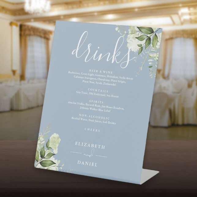 Dusty Blue Floral Greenery Wedding Drinks Menu Pedestal Sign (Dusty Blue Floral Greenery Wedding Drinks Menu Pedestal Sign)