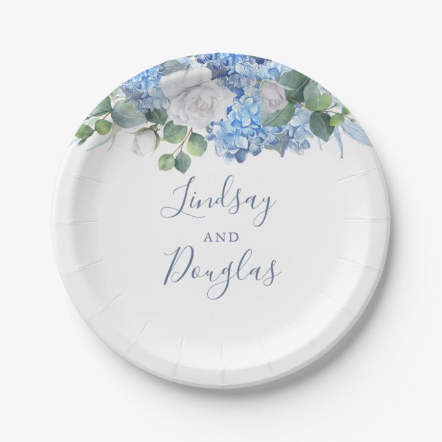 Dusty Blue Floral Greenery Wedding Hydrangea Paper Plate (Front)