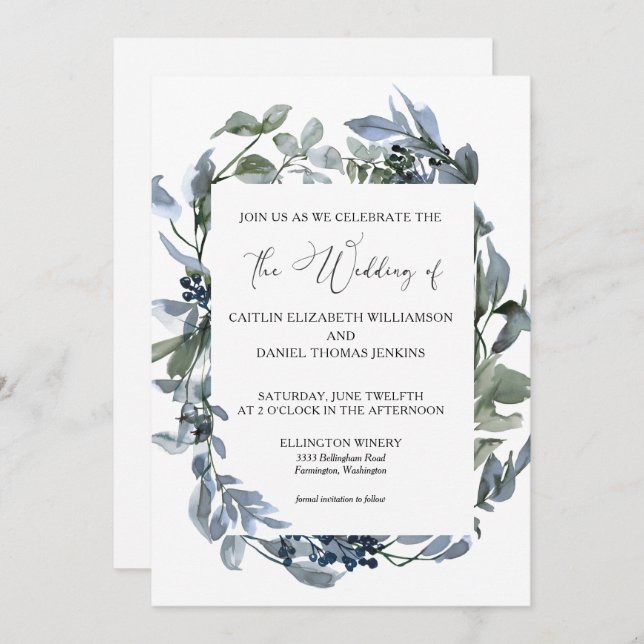 Dusty Blue Floral Greenery Wreath Wedding  Invitation (Front/Back)
