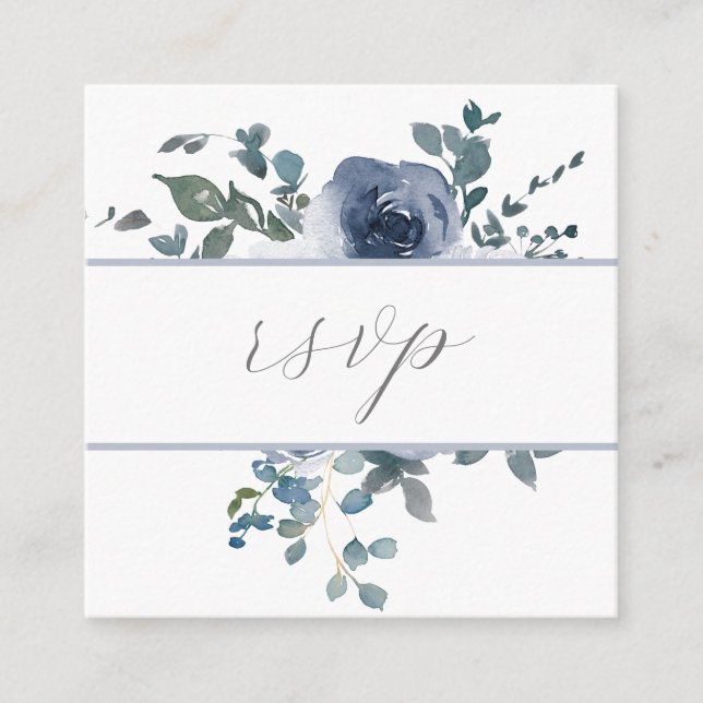 Dusty Blue Floral & Grey QR Code RSVP Card (Front)