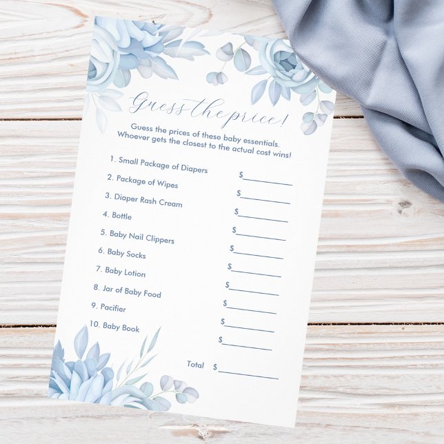 Dusty Blue Floral Guess The Price Baby Shower Game Flyer (Creator Uploaded)