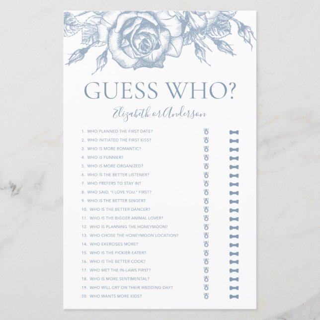 Dusty Blue Floral Guess Who Bridal Shower Game (Front)
