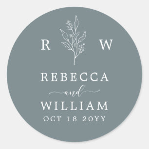 Dusty Blue Floral Handwritten Script Wedding Napki Classic Round Sticker