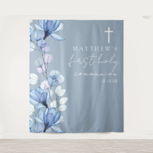 Dusty Blue Floral Holy Communion Photo Backdrop Tapestry