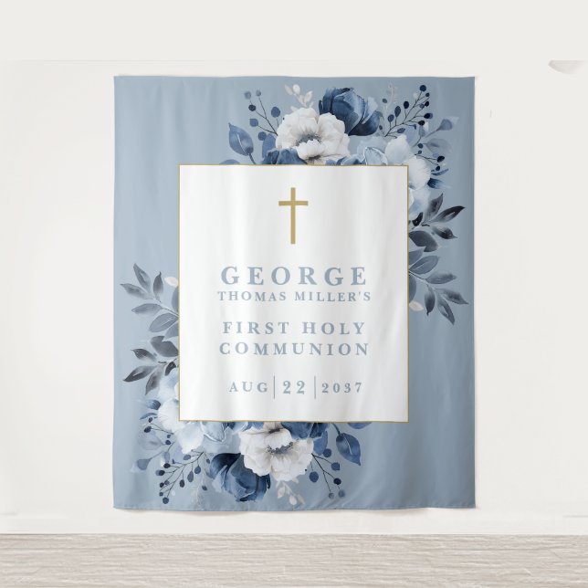 Dusty Blue Floral Holy Communion Photo Backdrop Tapestry (Front)